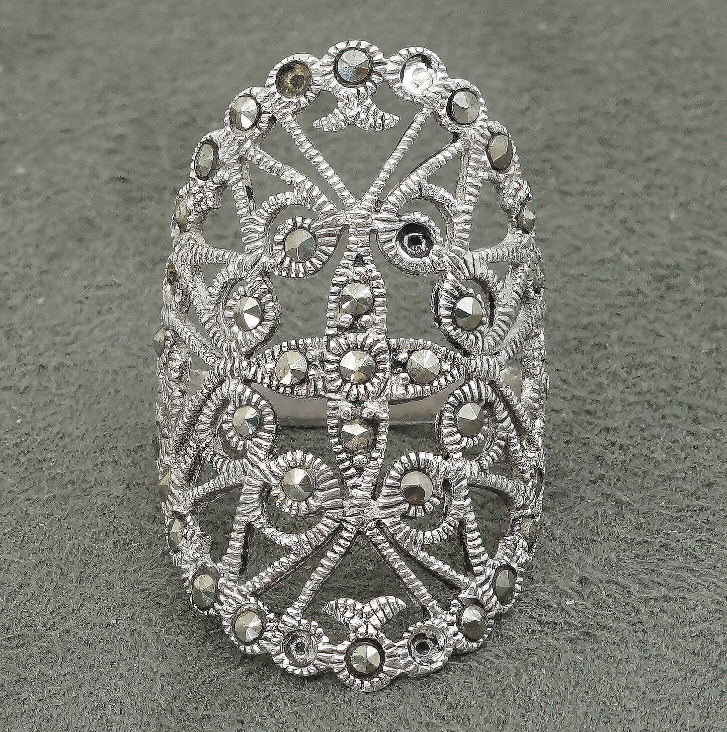 sz 5.75, vtg Sterling silver handmade ring, 925 filigree band w/ marcasite