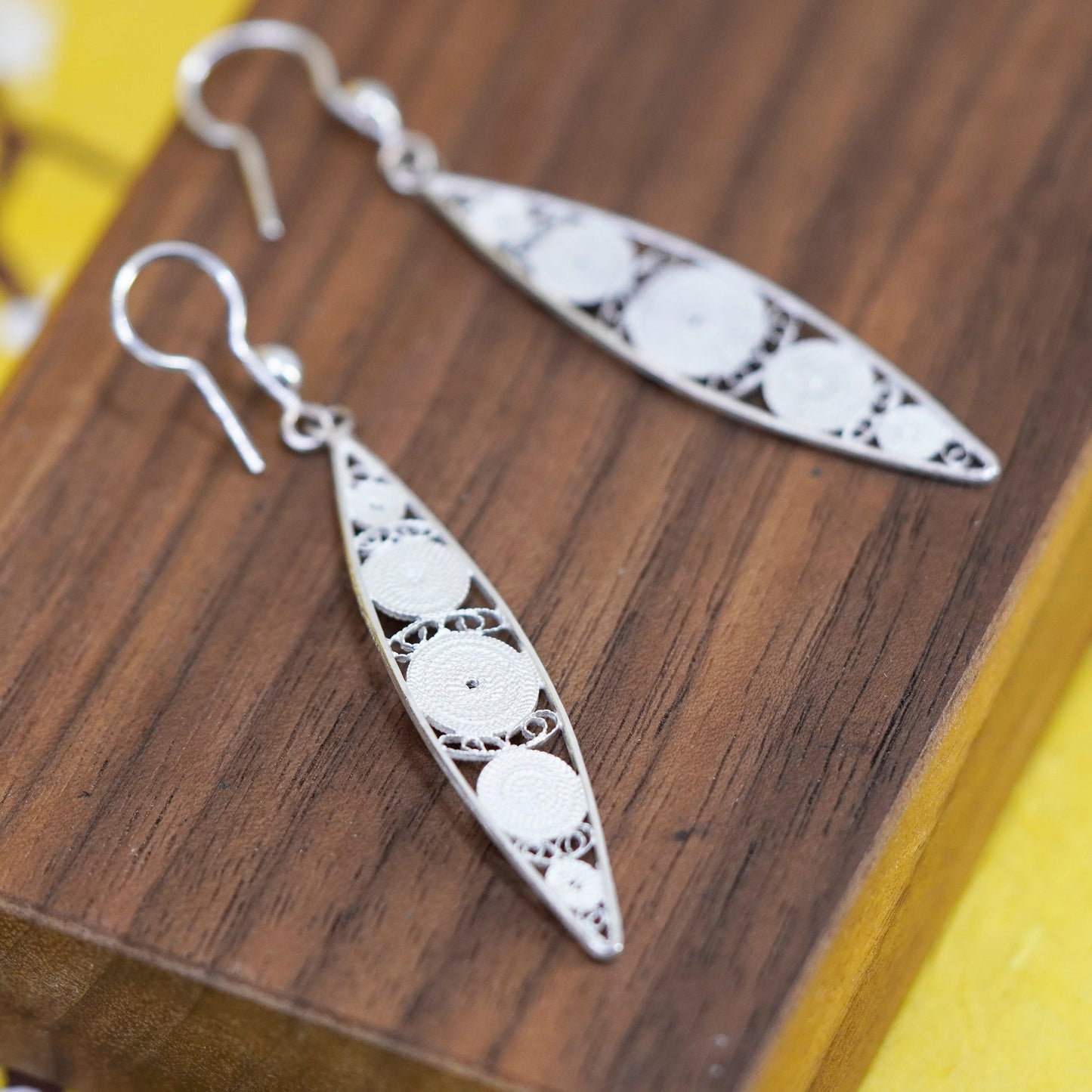 Vintage Sterling silver handmade earrings, 925 Filigree marquise shaped dangle
