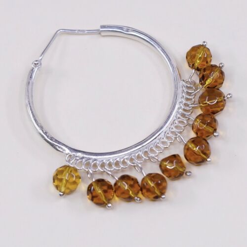 1.5”, Vtg handmade Sterling 925 Silver earrings, Hoops W/ Cluster Amber Dangles
