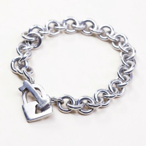 7.25” Vintage Sterling Silver Handmade Bracelet, 925 Silver chain w/ Lock charm