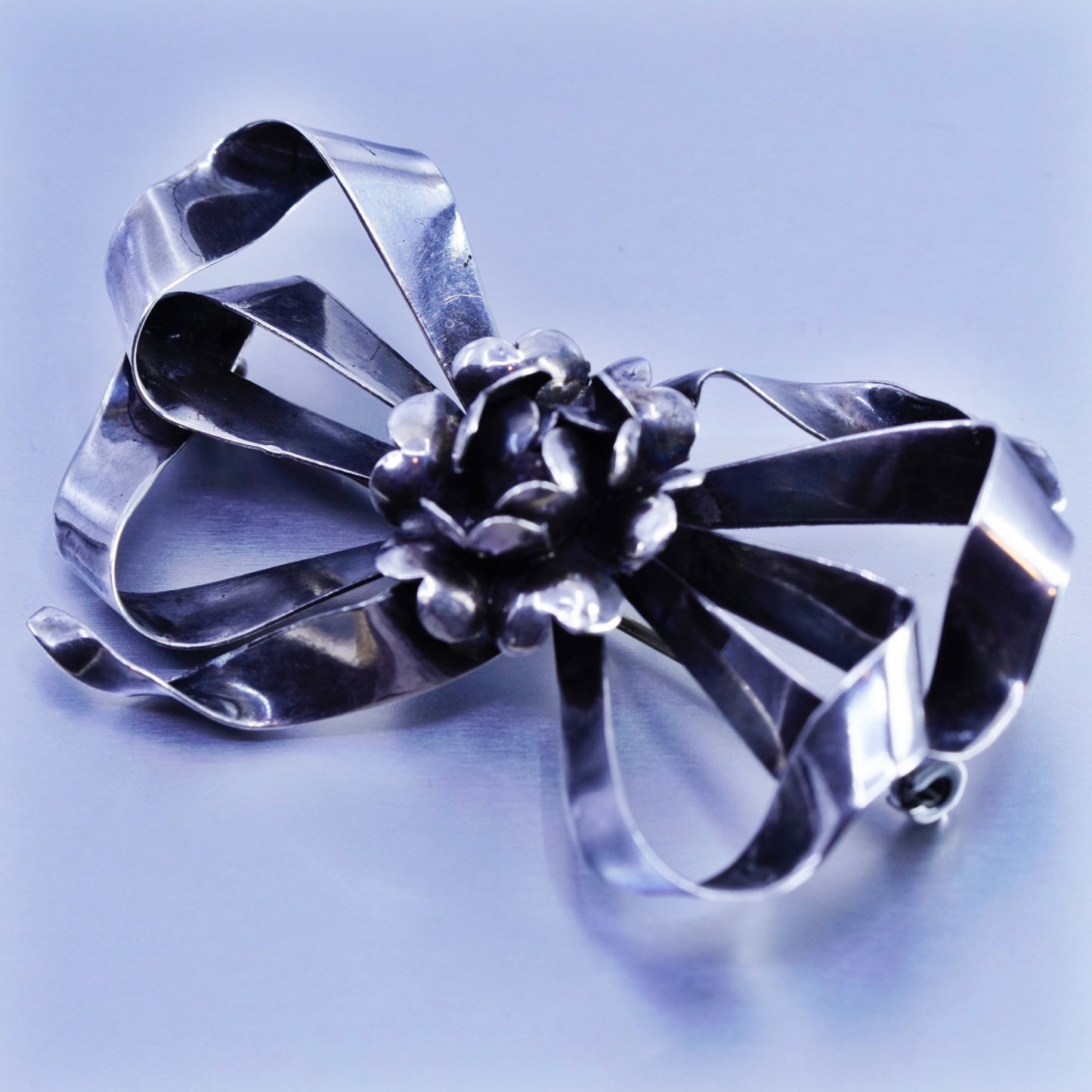 Vintage sterling silver handmade brooch, 925 rose flower ribbon pin