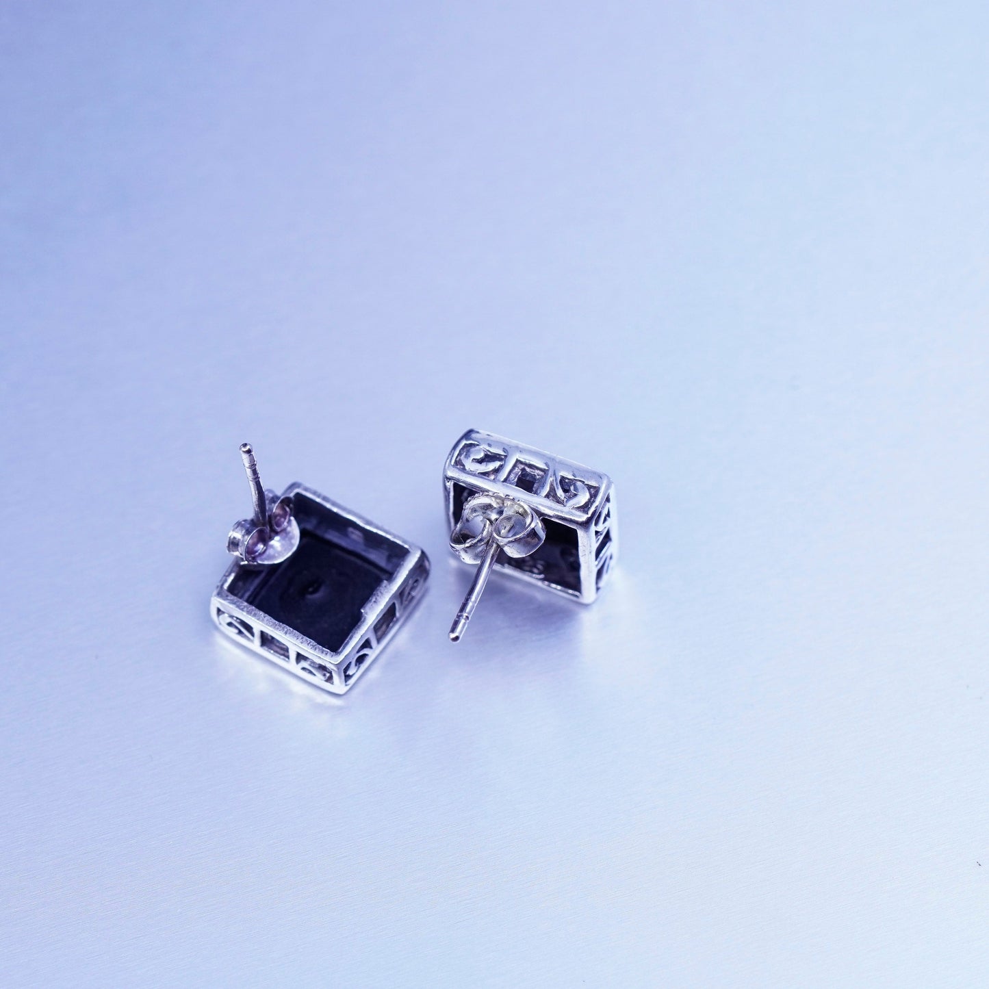 Sterling 925 silver handmade earrings, filigree textured square studs onyx