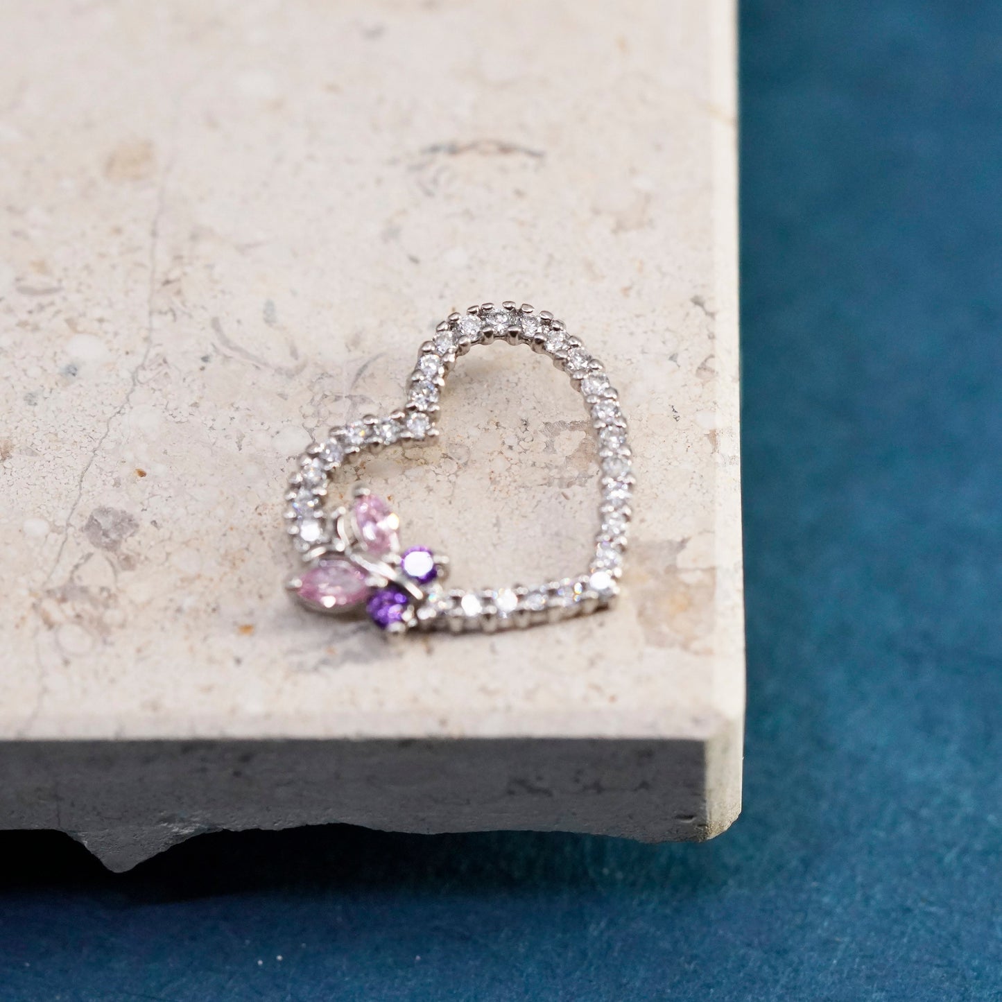 Vintage Sterling silver handmade pedant, 925 heart with cluster cz butterfly