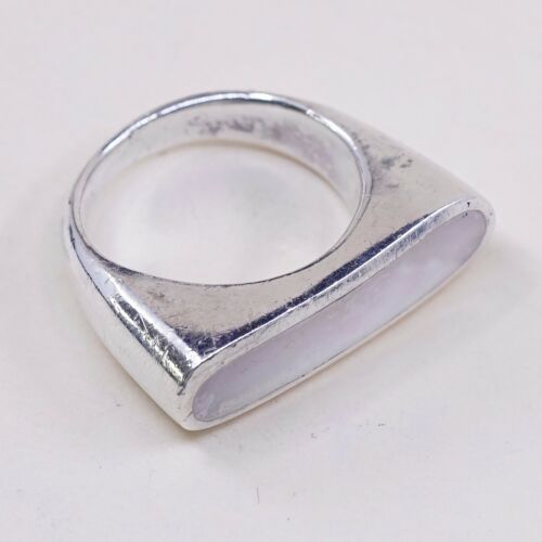 Sz 8, Vtg Sterling Silver Handmade Ring, 925 Silver Band W MOP, stamped 925