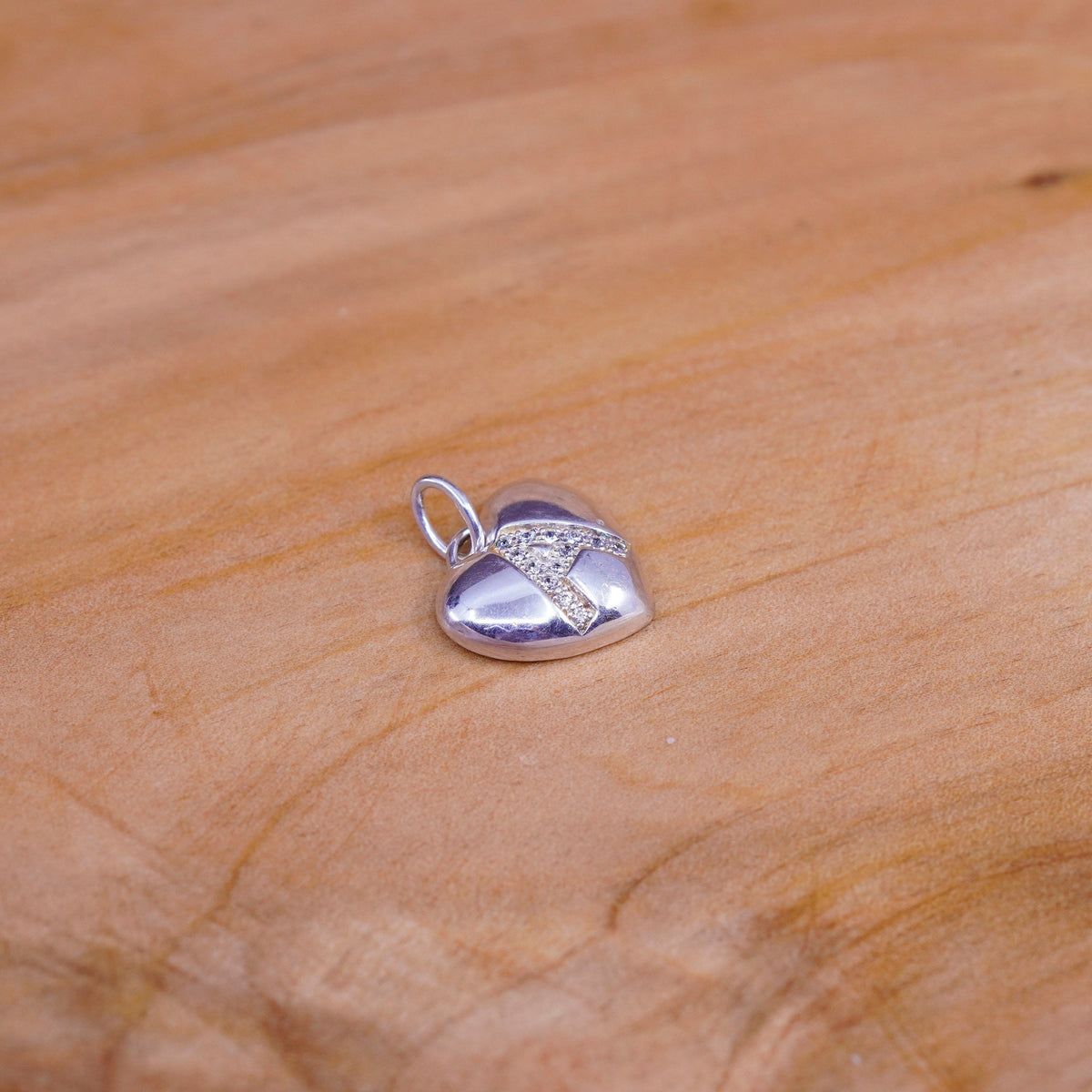 Vintage sterling silver handmade pendant, 925 heart charm, initial “A” with cz