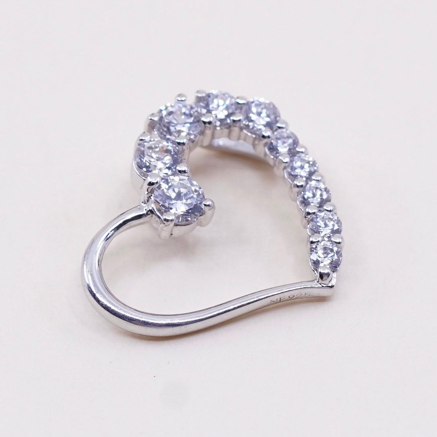Vintage sterling silver pendant, round cut clear Cz, 925 heart pendant