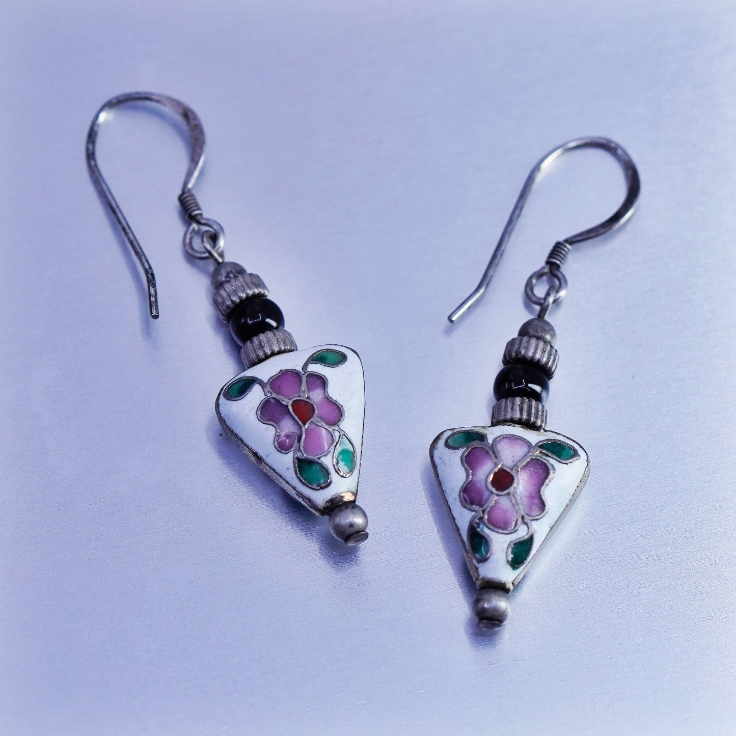 Vintage Sterling 925 silver handmade earrings with enamel flower