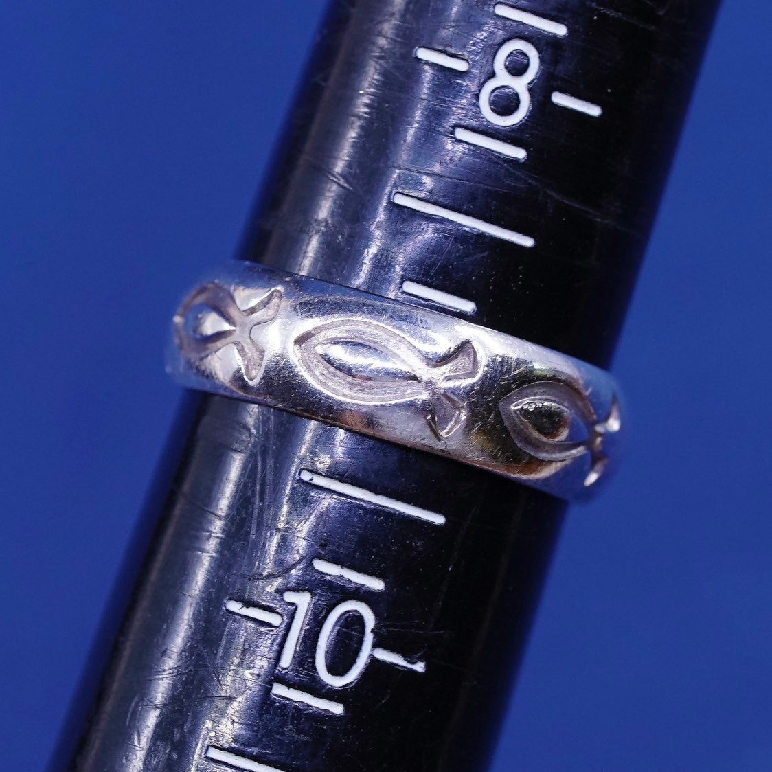sz 9, vtg BSD Sterling silver handmade ring, 925 prayer band w/ fish