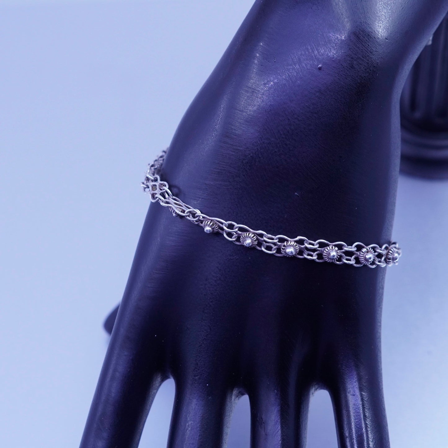 7.5”, 5mm, Vintage Sterling 925 silver handmade flower bracelet, chain
