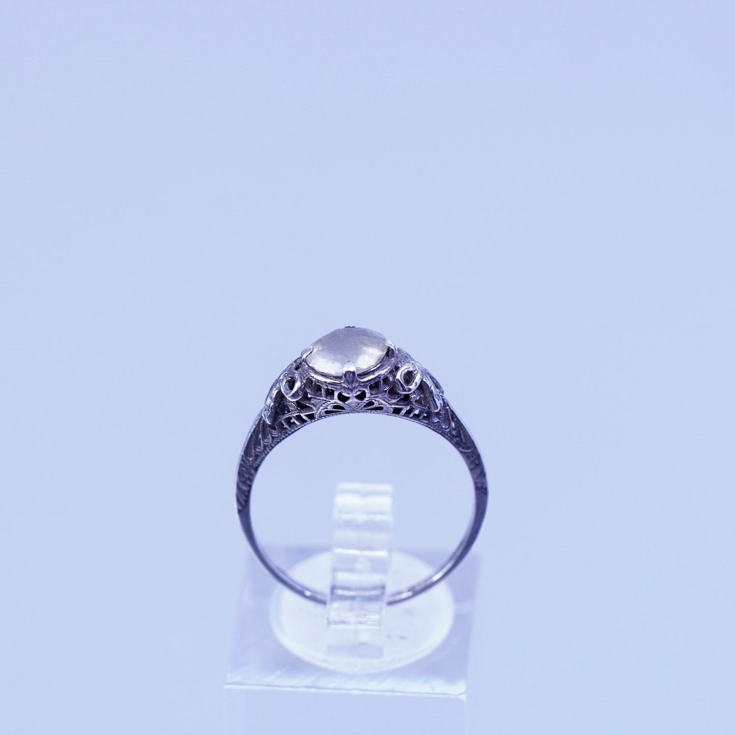 Size 8.25, vintage Sterling 925 silver handmade ribbon bow ring with moonstone