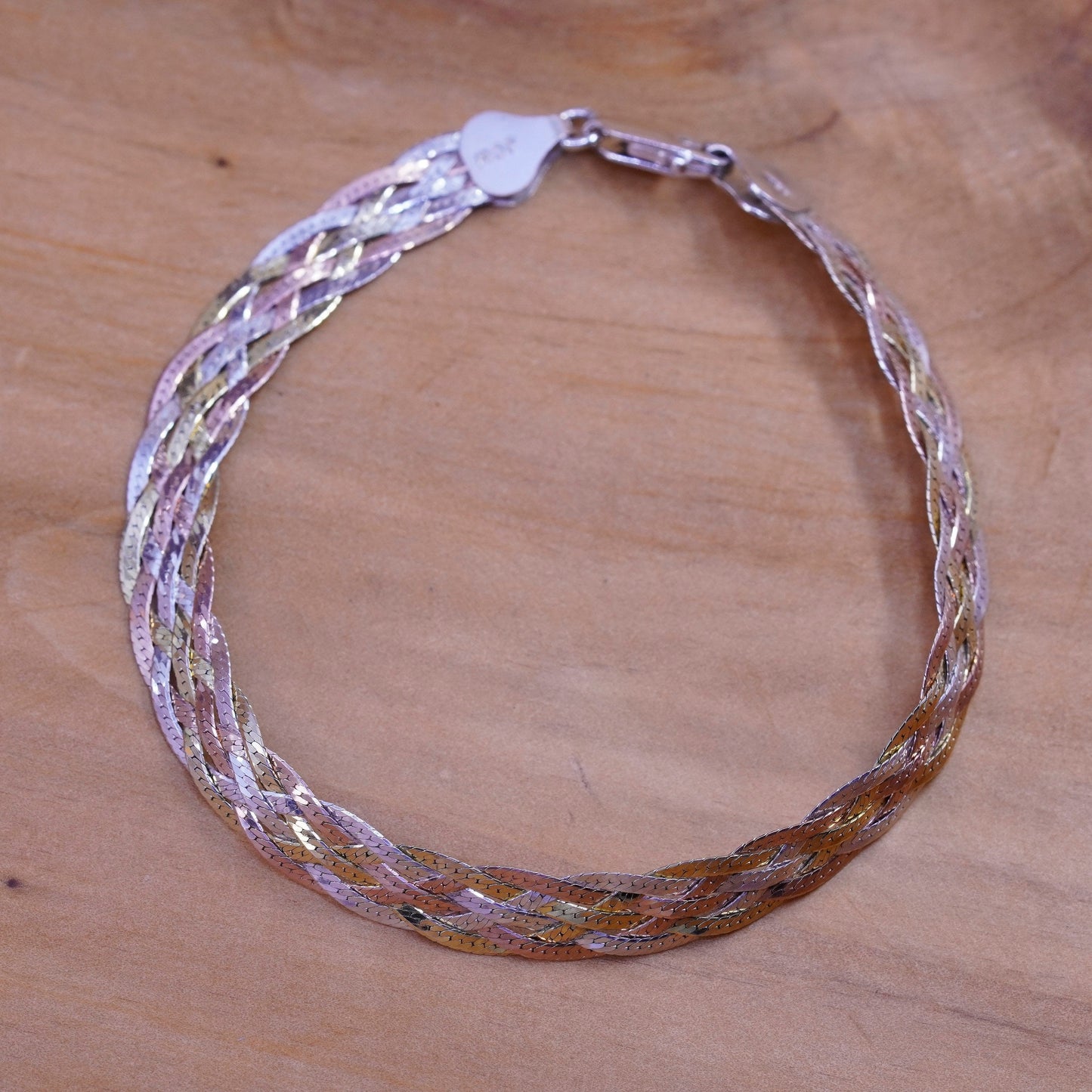 7.5” vermeil gold over triple tone Sterling silver braided herringbone bracelet