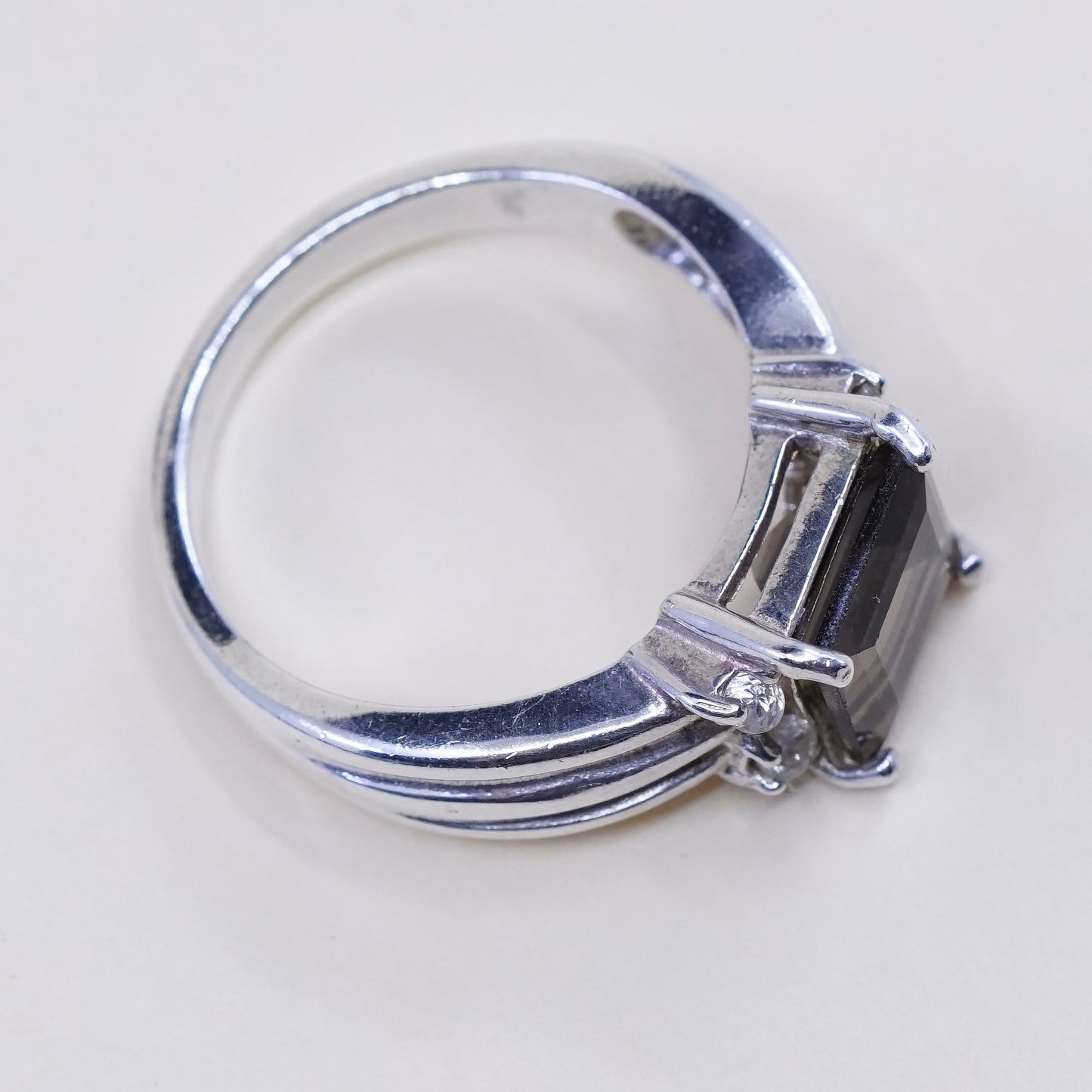 sz 8.25, sterling silver handmade ring, 925 statement ring w/ smoky topaz N Cz
