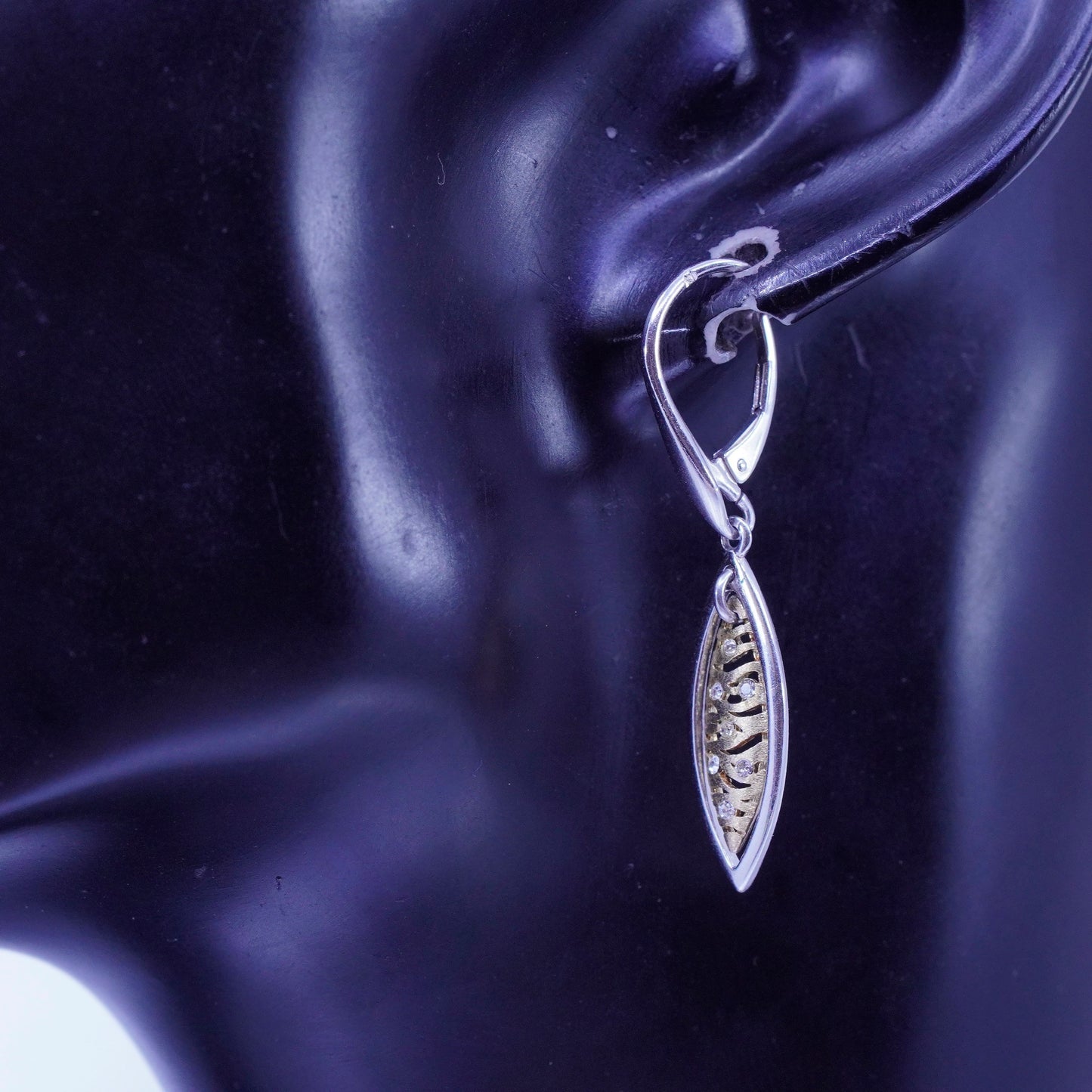 Vintage two tone Sterling 925 silver handmade filigree marquise shaped earrings