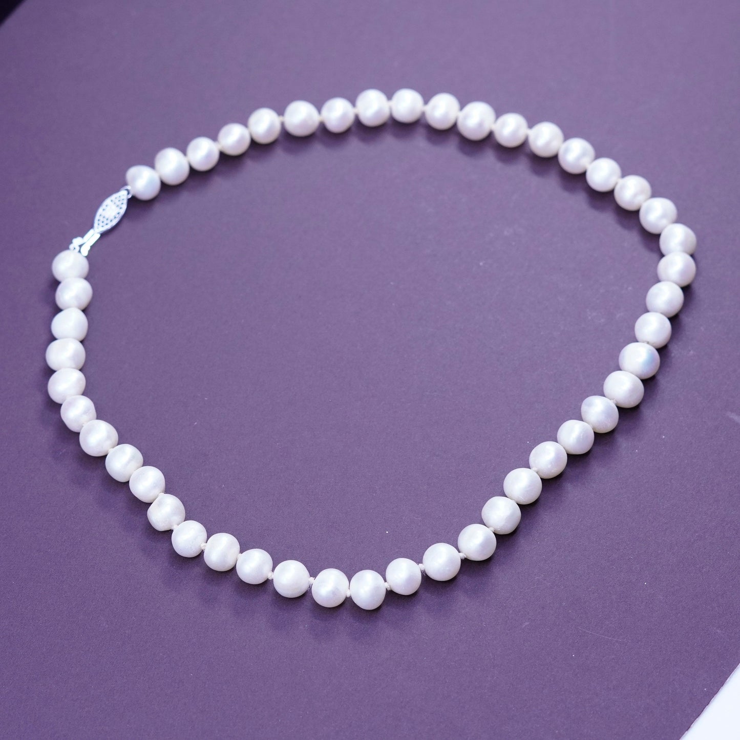 18”, vintage Sterling silver handmade necklace, 925 clasp 9-10mm pearl beads