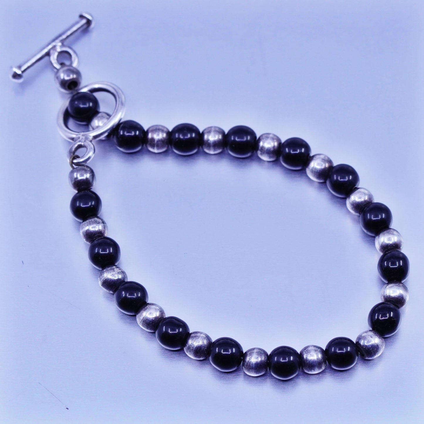 7”, vintage Sterling 925 silver bracelet with obsidian beads