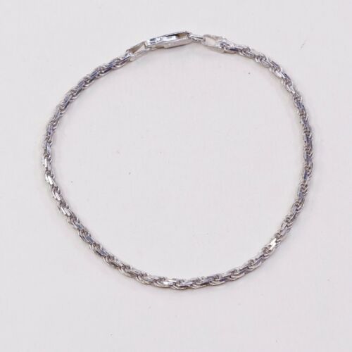 7.25”, 2mm, Vtg Sterling Silver bracelet, 925 Italy Rope chain, Stamped 925 Ital