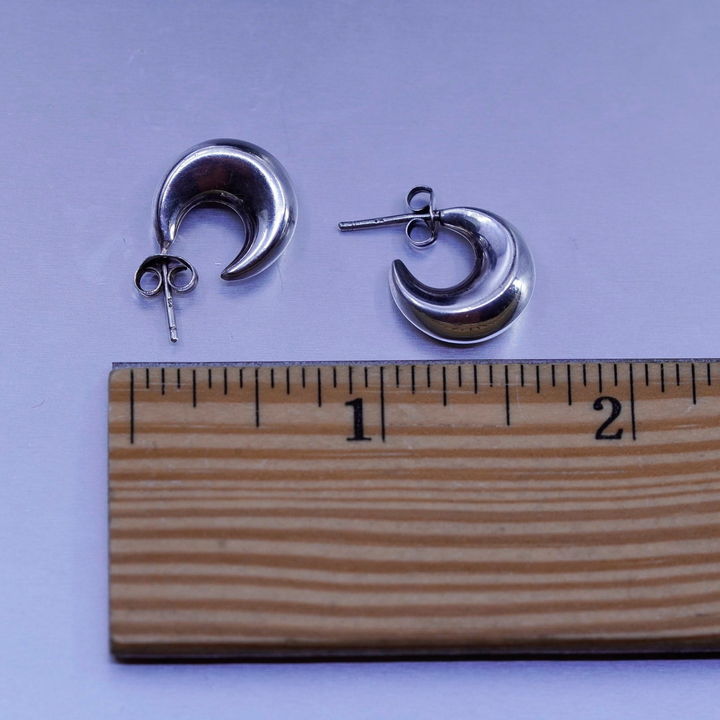 0.5”, vintage Sterling silver handmade earrings, 925 new moon huggie hoops
