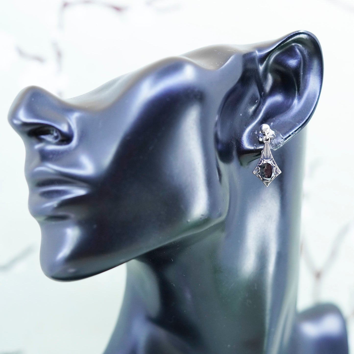 Vintage 925 Sterling silver handmade earrings with teardrop hematite