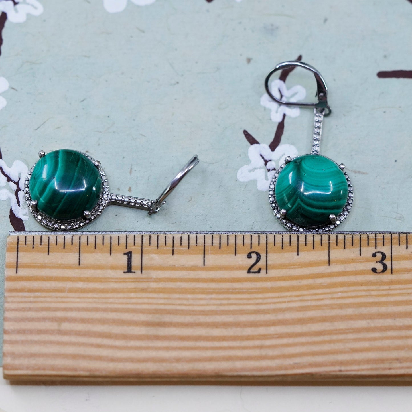 Vintage Karis sterling 925 silver handmade earrings with round malachite