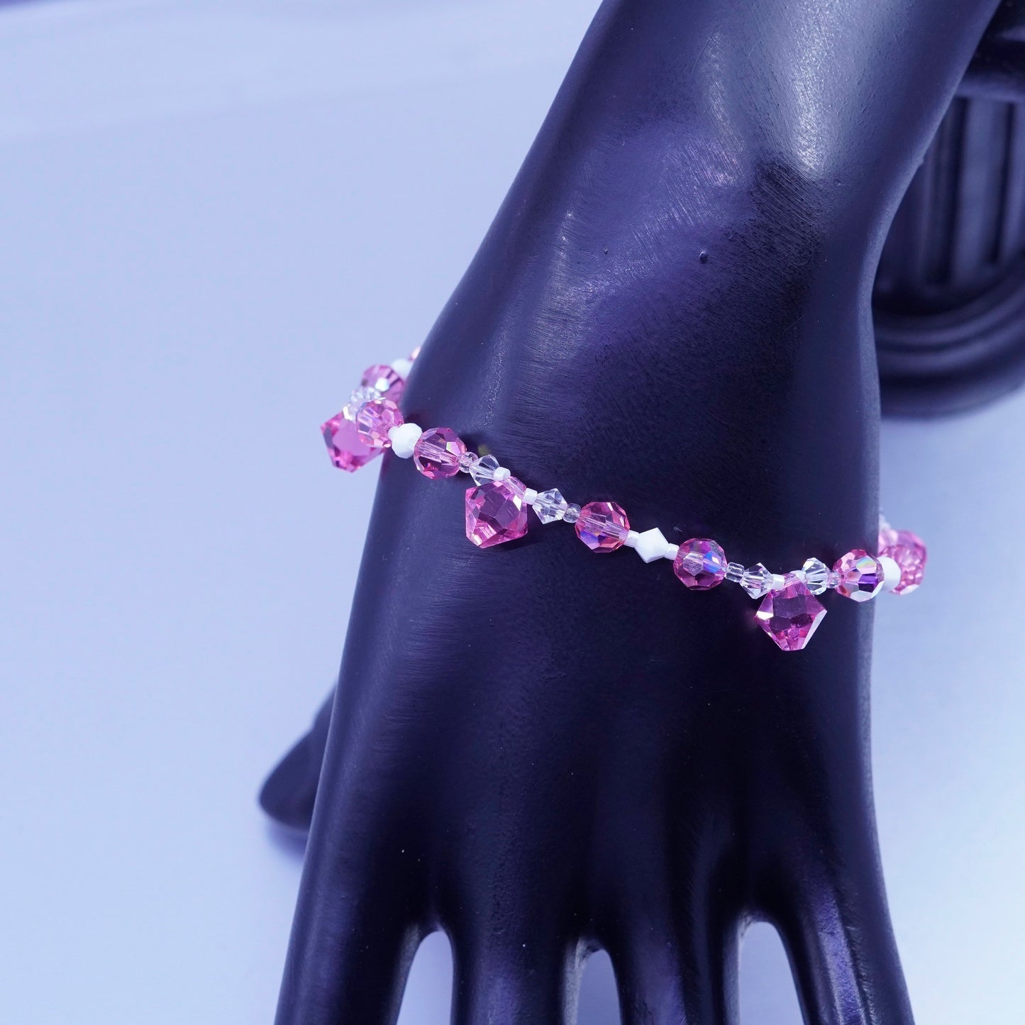 7”, vintage Sterling 925 silver handmade bracelet with pink crystal beads