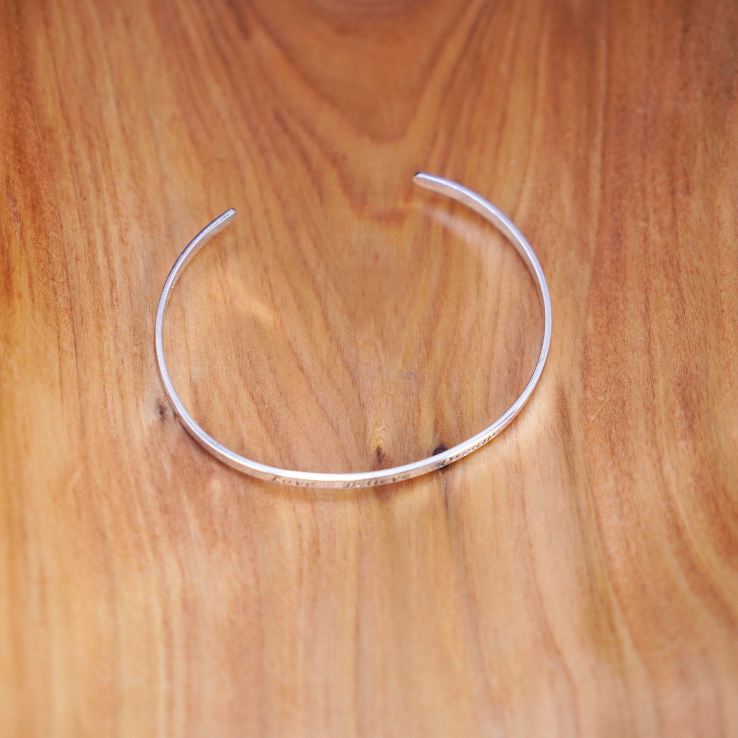 7.5”, sterling silver handmade bracelet, quote 925 cuff “love believe dream”