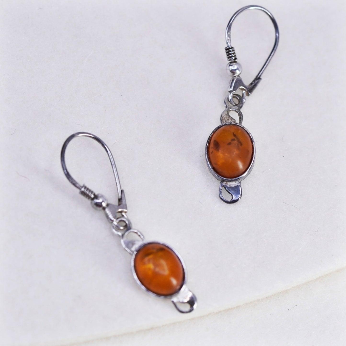 Vintage Sterling 925 silver handmade earrings with oval Amber
