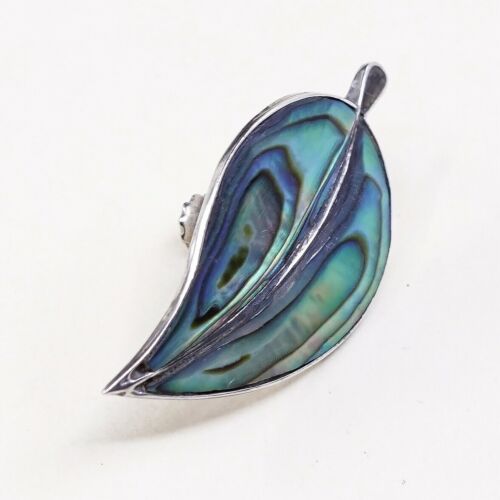 Vtg Sterling 925 Silver Handmade Screw Back Leaf Earrings With Abalone