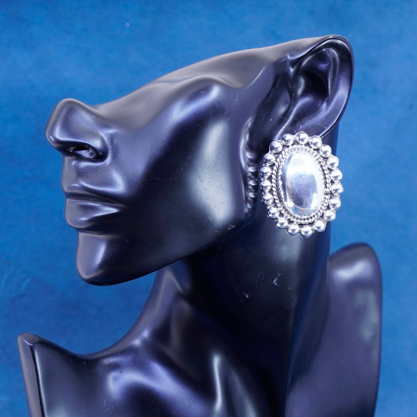 Vintage Mexico sterling 925 silver handmade oval clip on earrings with beads
