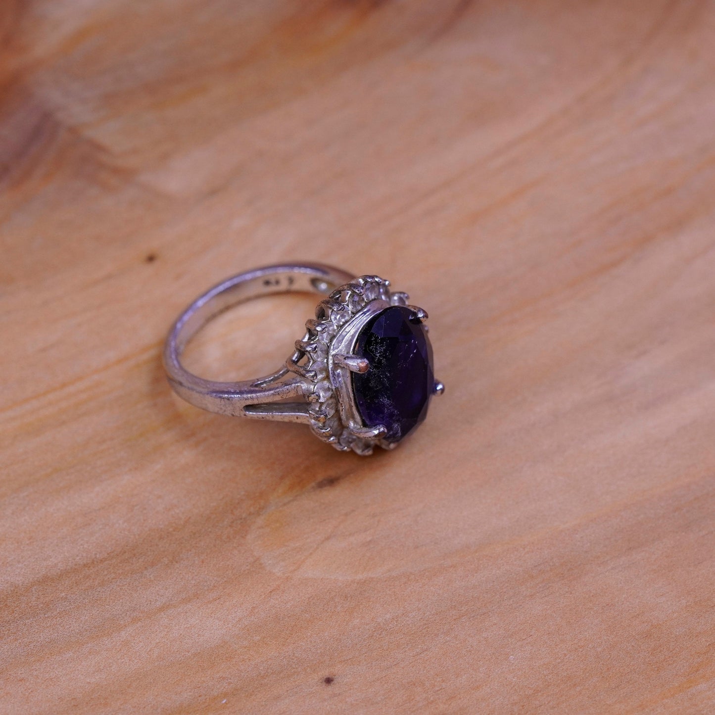 Size 7, vintage Sterling silver handmade ring, 925 with crystal and sapphire
