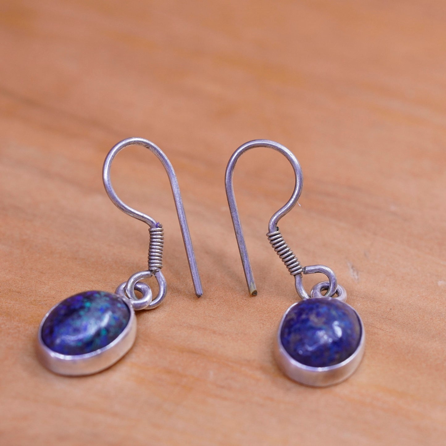 Vintage Sterling 970 silver handmade earrings with oval azurite