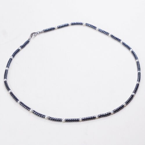 Southwestern Native American Heishi Necklace, Hematite W/ Pearl N 925 Sterling