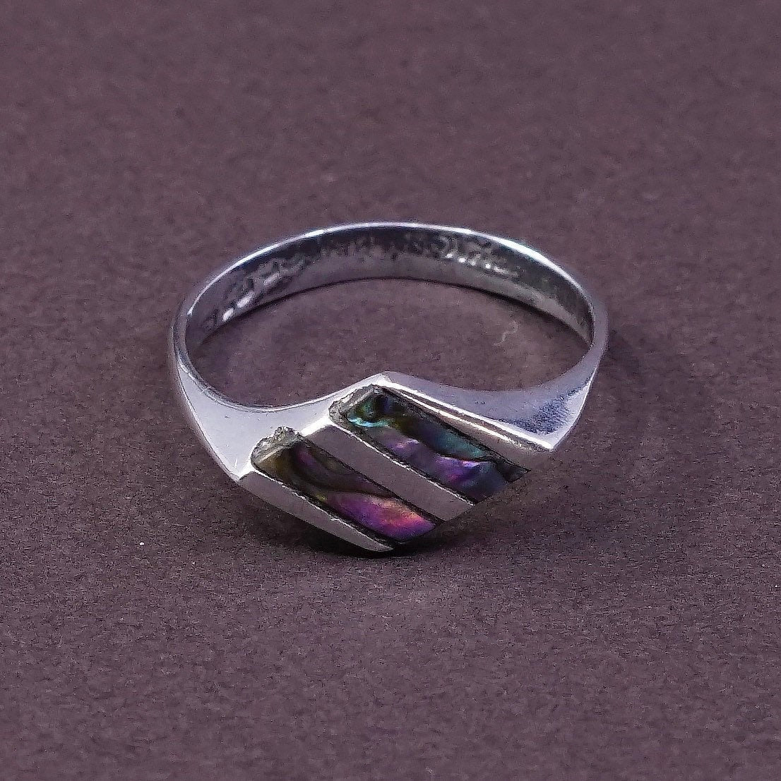 sz 5, vtg sterling silver handmade ring, 925 band with abalone