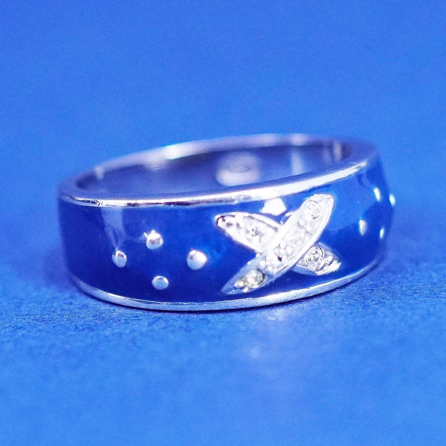 Size 7, vintage Sterling silver handmade ring, 925 blue enamel band W flower Cz