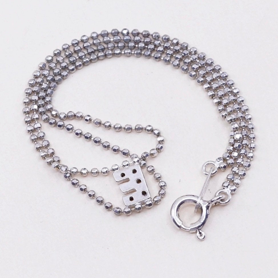 7”, 1mm, vtg sterling silver bracelet, double 925 beads with initial E and Cz