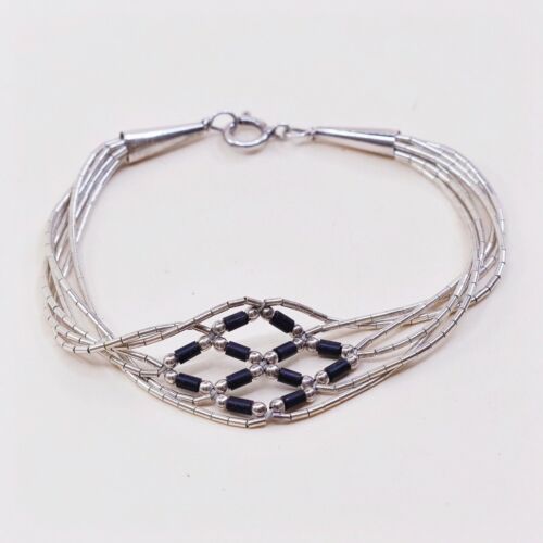 7”, Vtg Sterling Silver Handmade Bracelet, 925 Liquid Bracelet W/ Obsidian