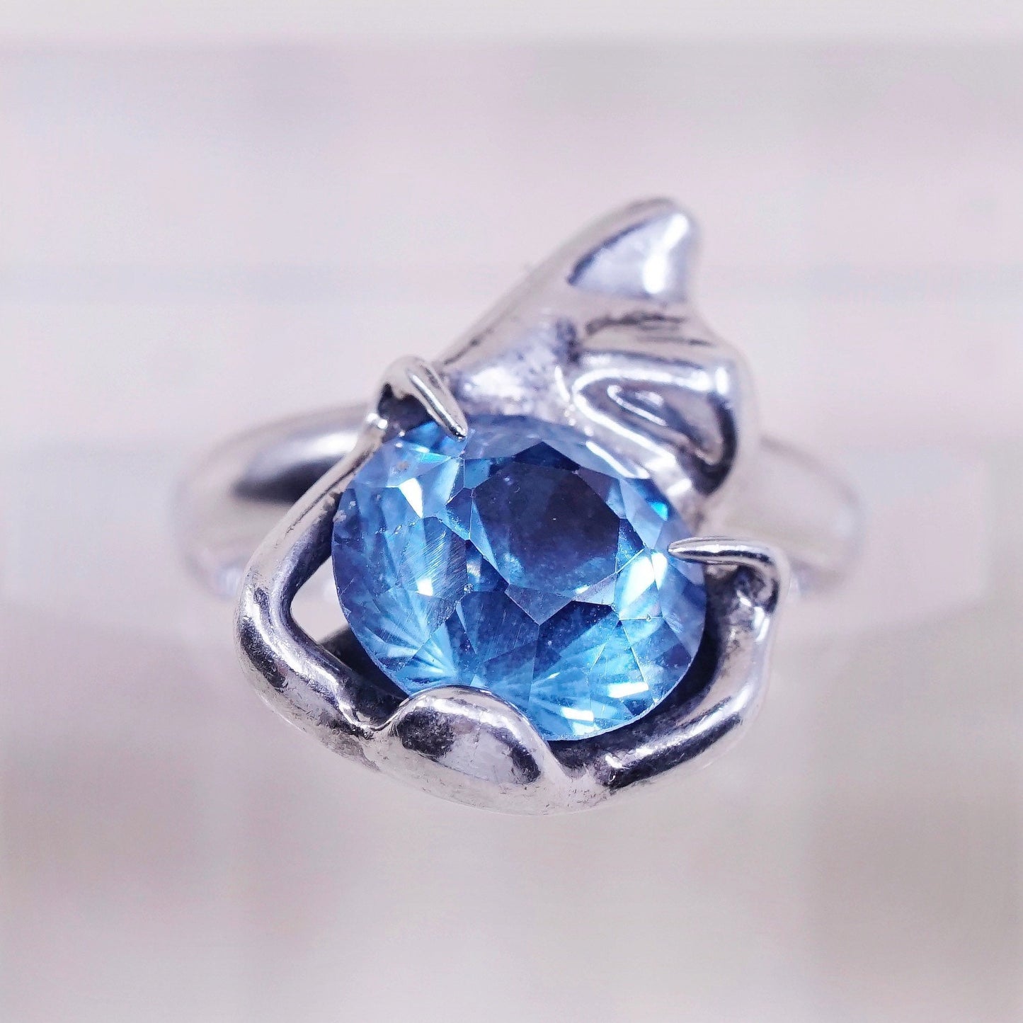 sz 5.5, vintage Sterling 925 silver statement engagement ring with blue topaz