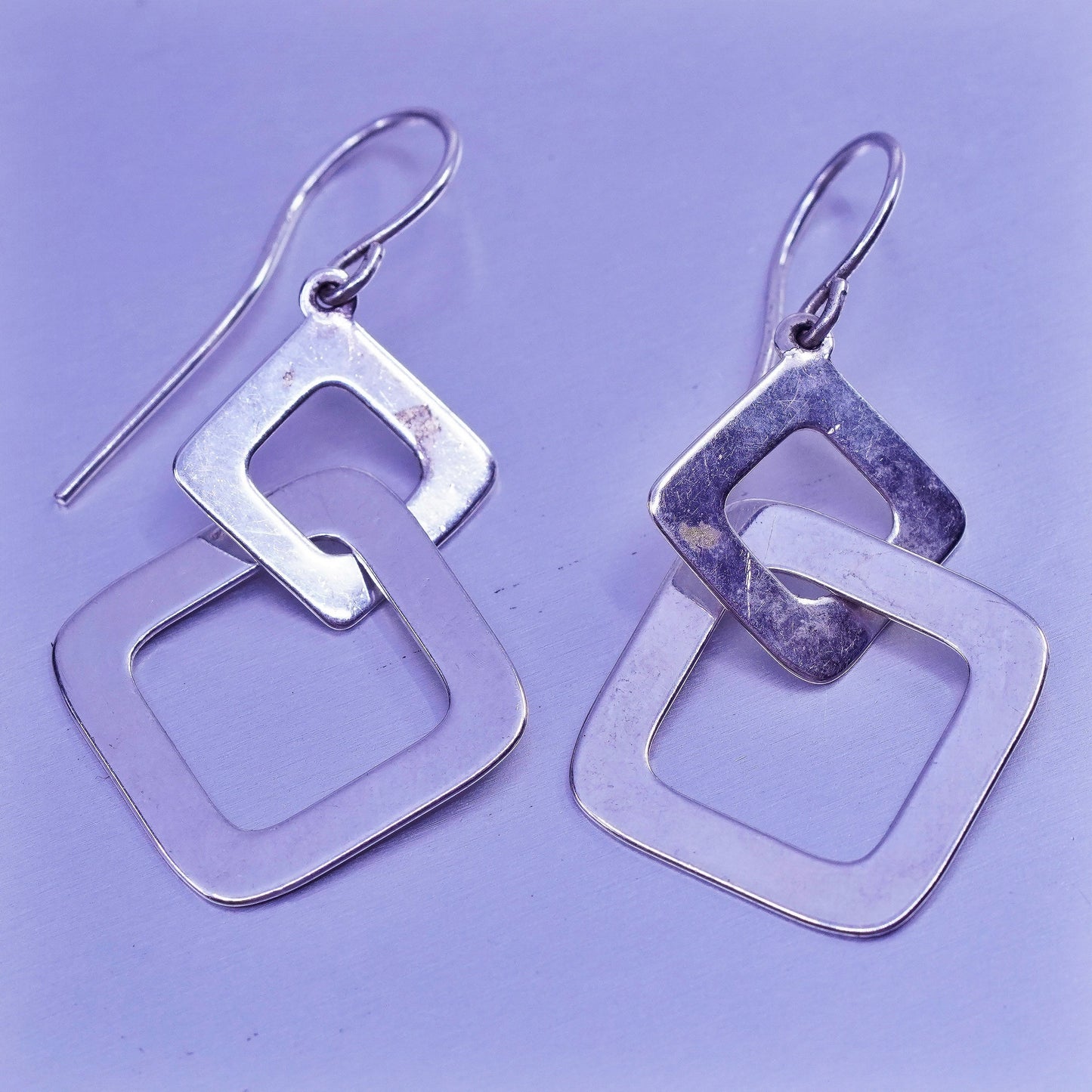 vintage Sterling silver handmade earrings, 925 entwined square dangles