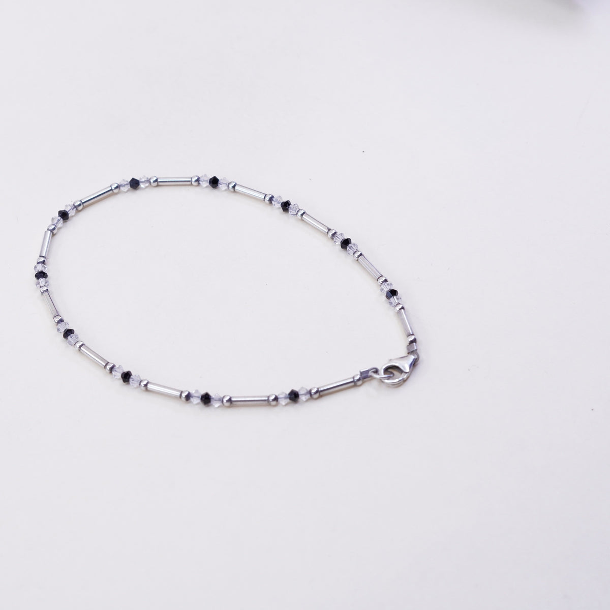 9.75”, vtg Handmade sterling silver anklet, 925 bar chain with crystal beads