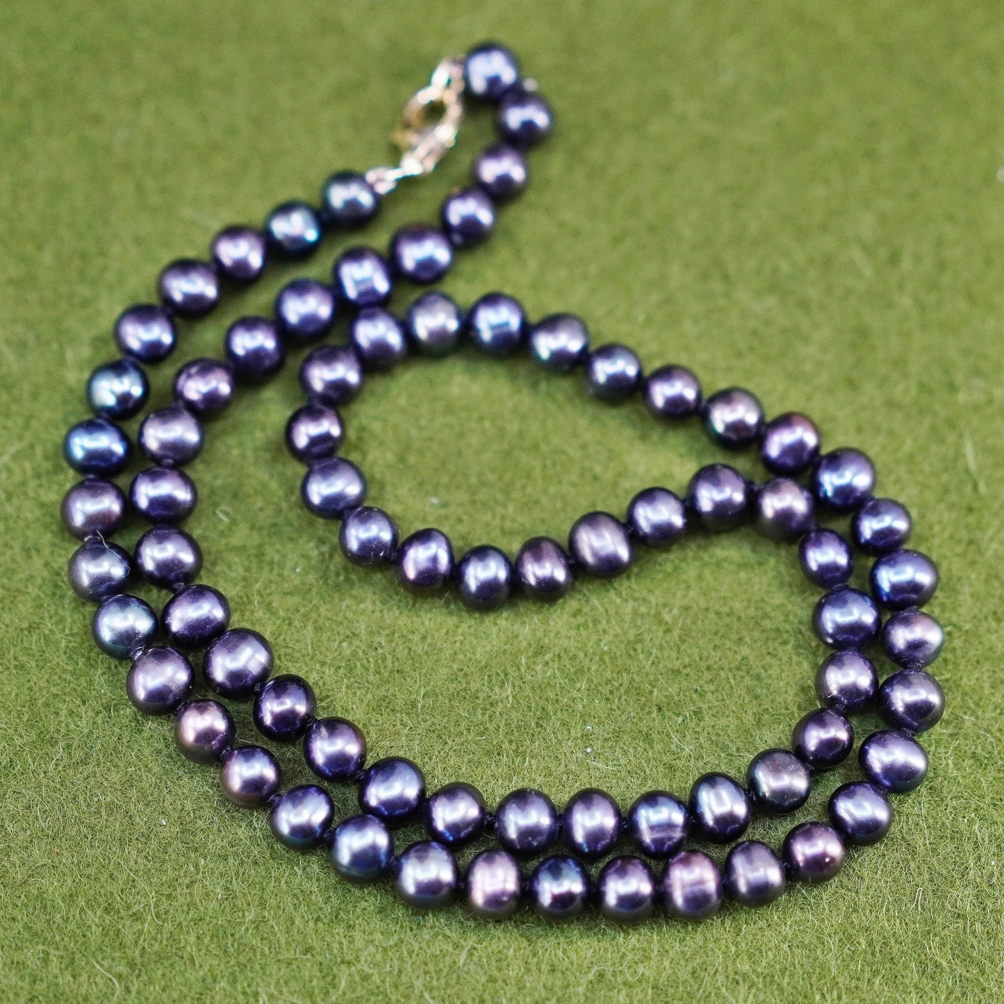 18”,vintage handmade pearl necklace, linen thread with 6mm black pearl