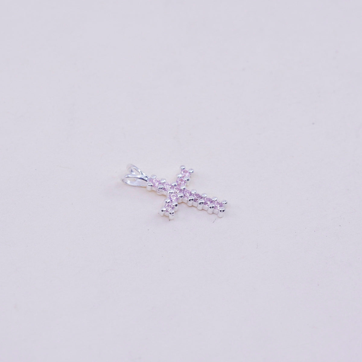 Vintage sterling silver pendant, 925 cross handmade charm with pink cz