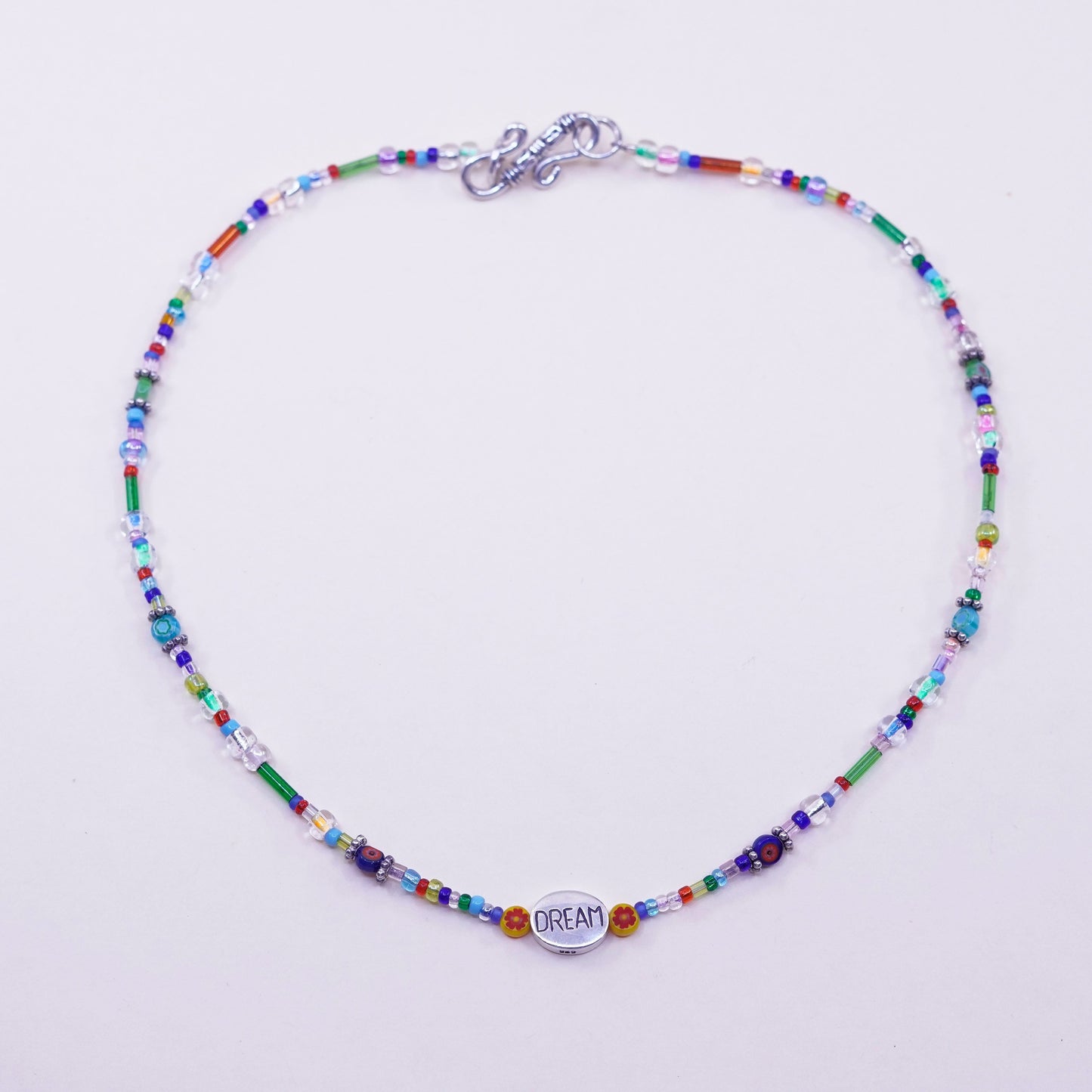16”, necklace colorful glass bead chain sterling 925 silver dream charm