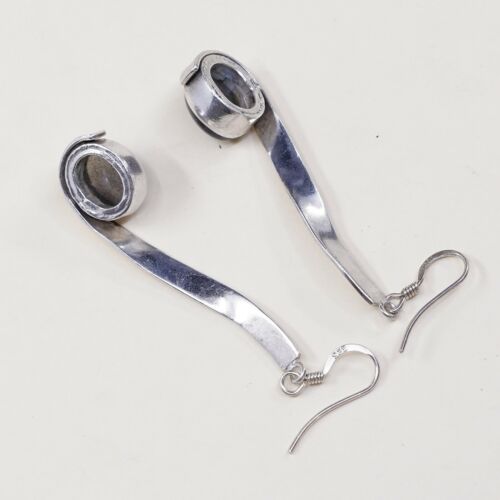 Vtg Modern handmade Sterling 925 Silver earrings, Oval Labradorite Dangles
