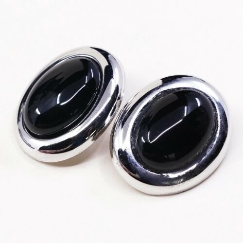 Vintage Sterling Silver Handmade Earrings, 925 Silver Studs W/ Obsidian