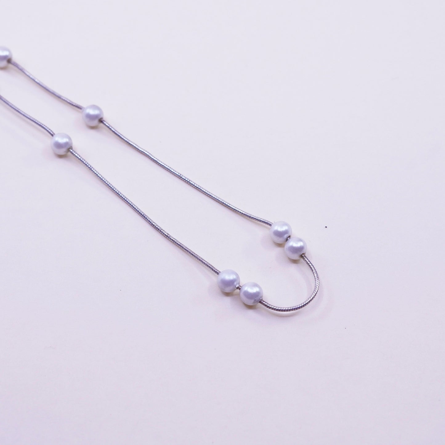 16”, Vintage handmade Sterling 925 silver Snake chain with pearl beads