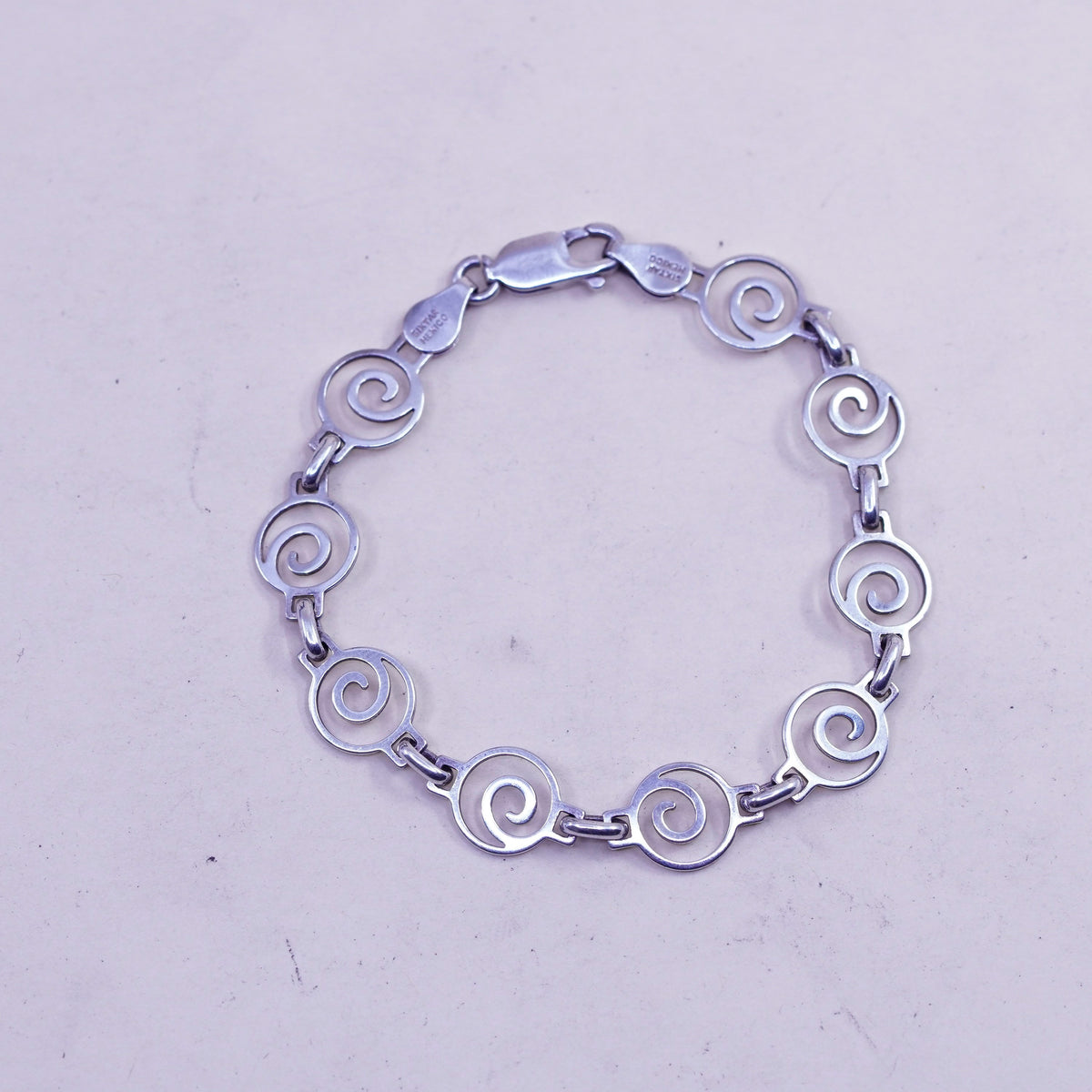 6.75”, Vintage Mexico sterling silver charm bracelet, 925 swirly link chain