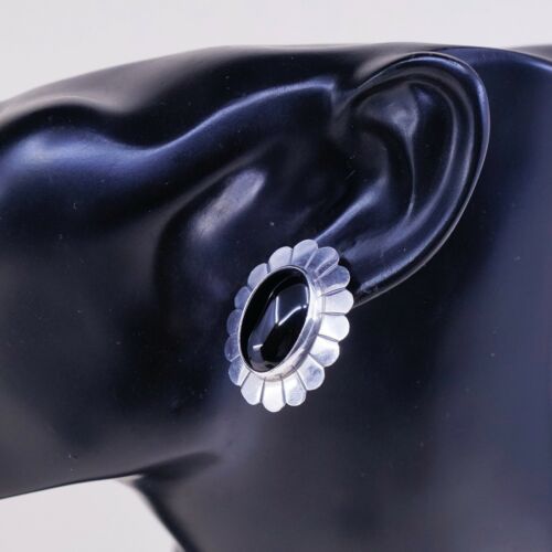Navajo Southwestern Sterling Silver Handmade Earrings, 925 Studs W/ Obsidian