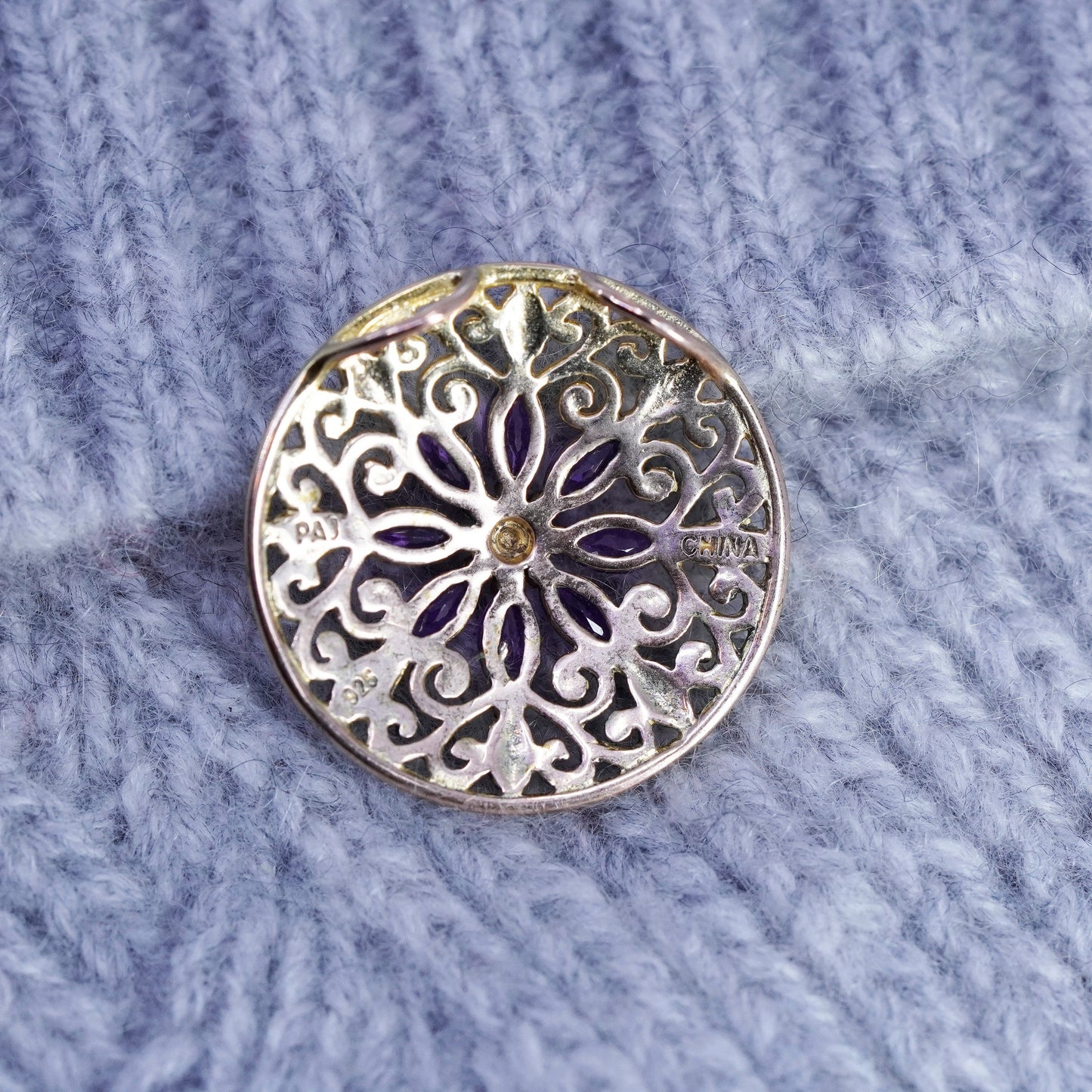 antique PAJ vermeil gold sterling 925 silver flower pendant amethyst diamond
