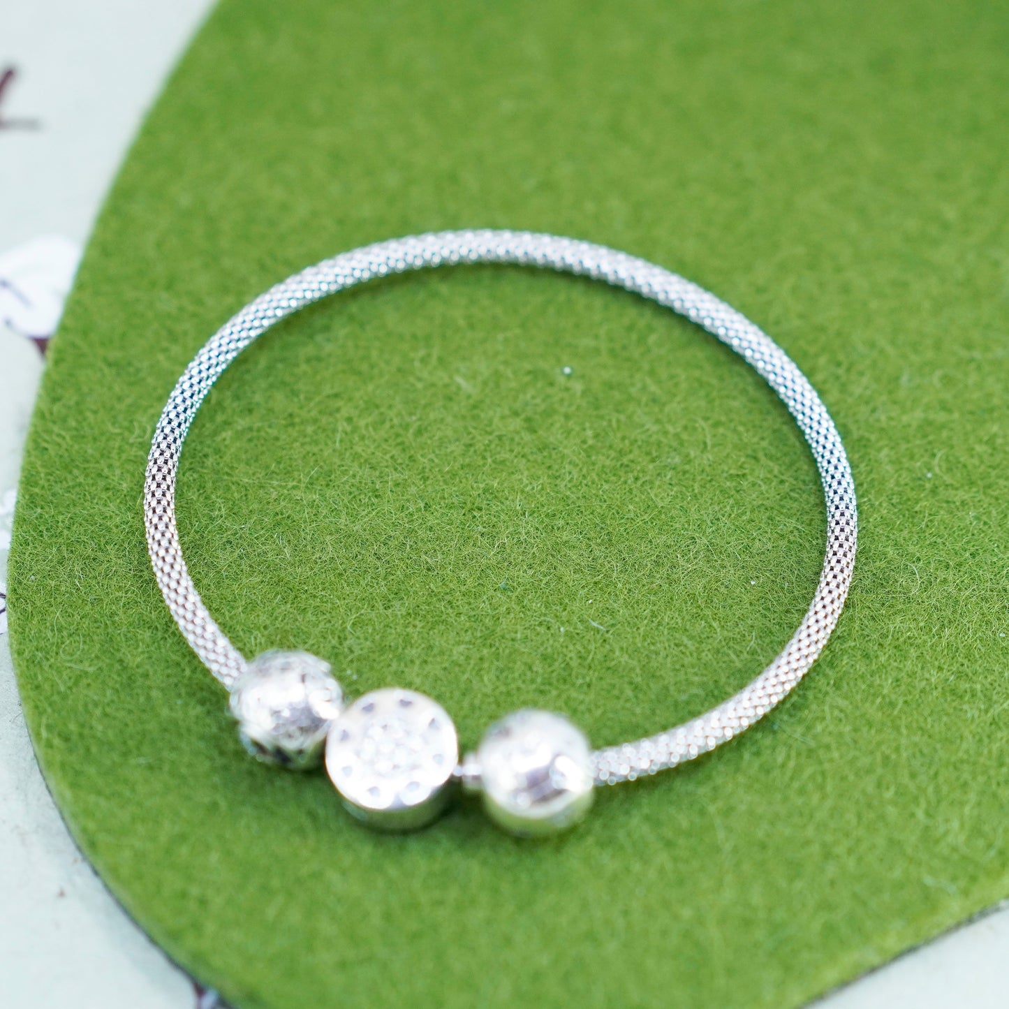 7”, vintage Sterling silver bracelet, 925 bangle with 3 beads charm