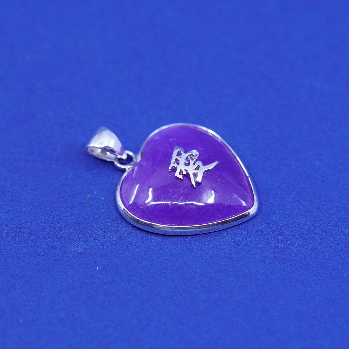 sterling 925 silver heart pendant with purple jade and Chinese character “love”