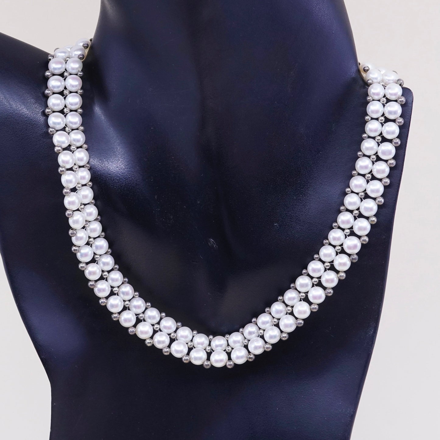 14+4” Vintage sterling 925 silver white freshwater pearl beads necklace chain